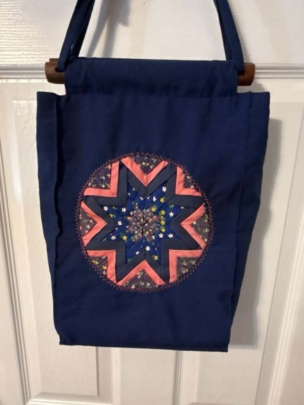 Handmade Quilted Star Tote Bag Wood Hardware Adjustable Strap 70s 80s Estate Vtg